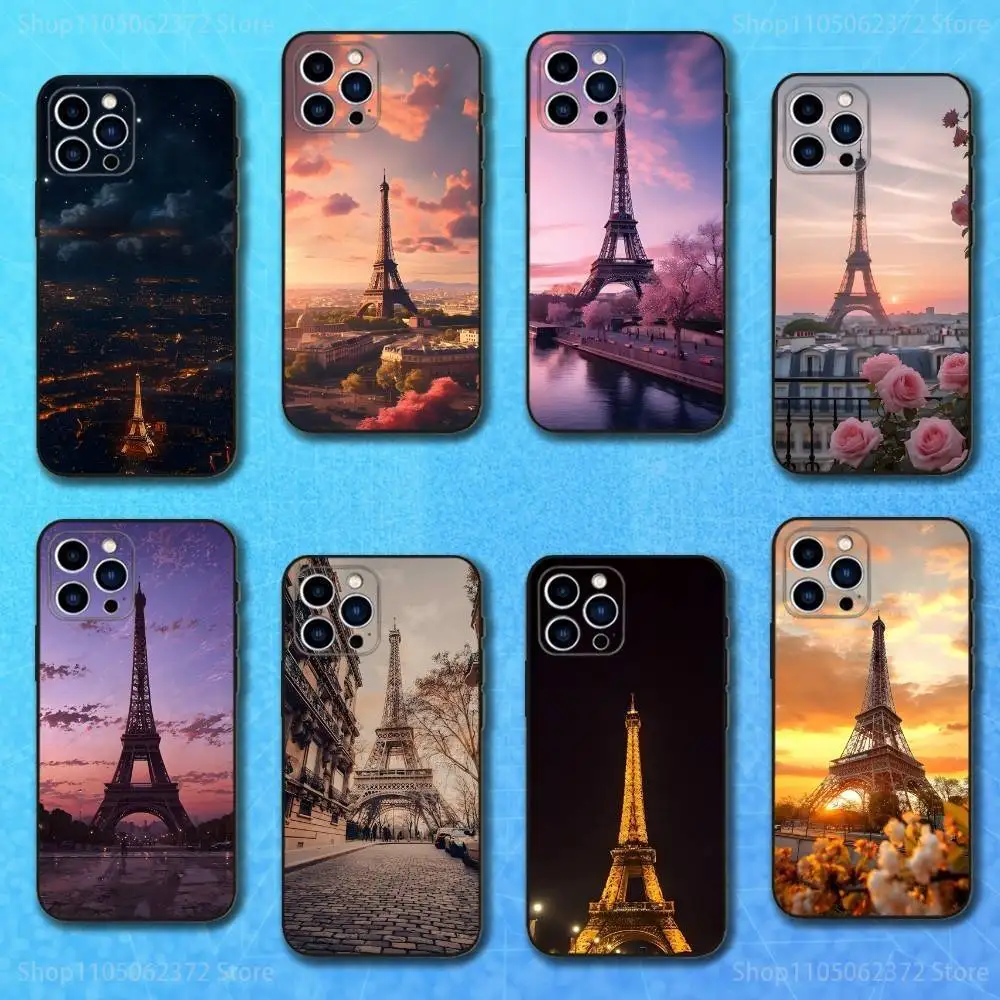 

Romantic Paris Eiffel Tower Case For iPhone 17,16,15,14,13,12,11 Plus,Pro Max,XS,X,XR,SE,Mini,8,7,Soft Silicone Black Cover