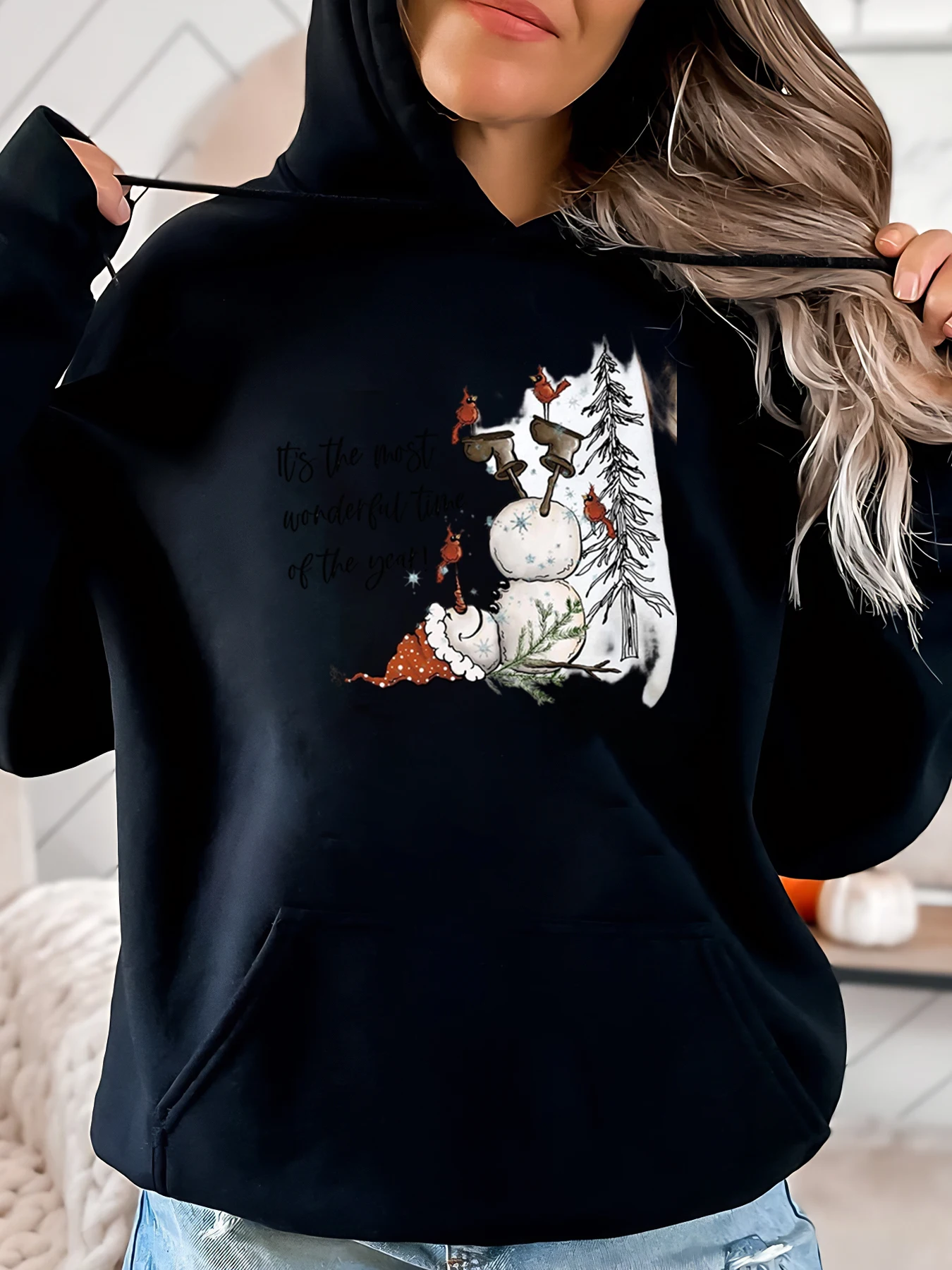 

Снеговик и олень с принтом «Это чудесное время года», рождественская толстовка с капюшоном, женская зимняя повседневная одежда, черный, больших размеров