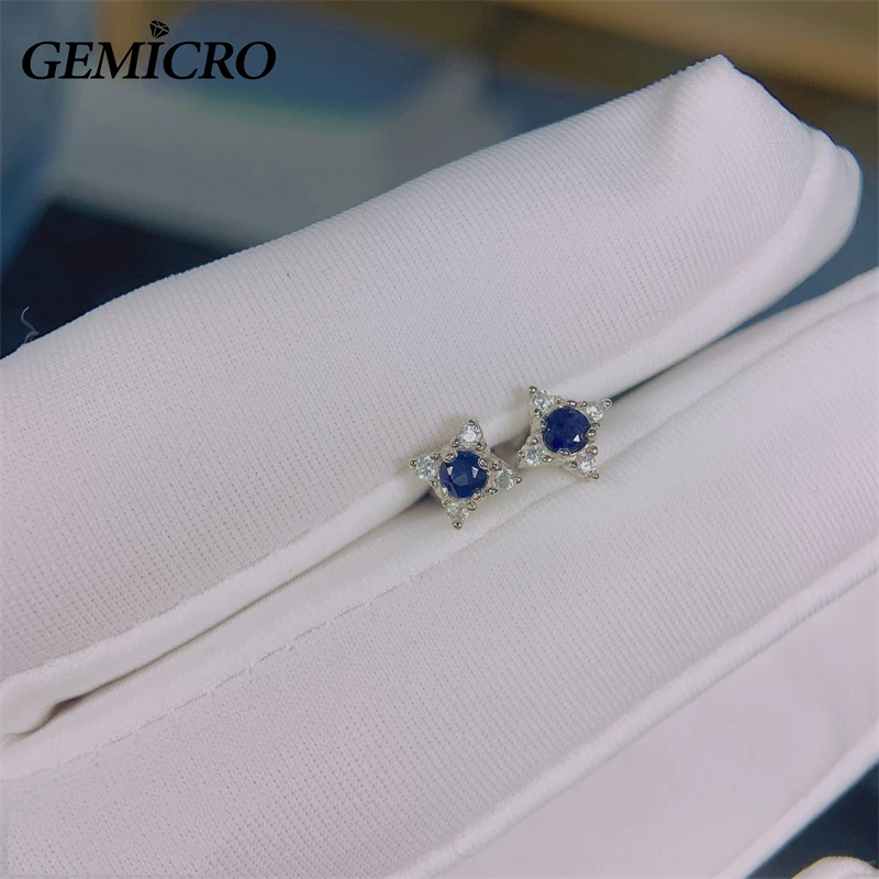 Gemicro 925 Sterling Silver Jewelry with 3mm Natural Sapphire Stone Earring Studs for Party Gift, Women Romatic and Cute Style