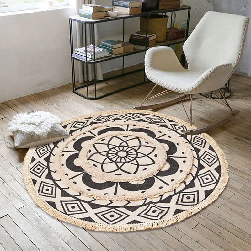 Ethnic Style Round Carpet Bedroom Door Anti-slip Rug Small Bohemian Geometric Hand-woven Home Room Decoration Rugs Cotton Linen