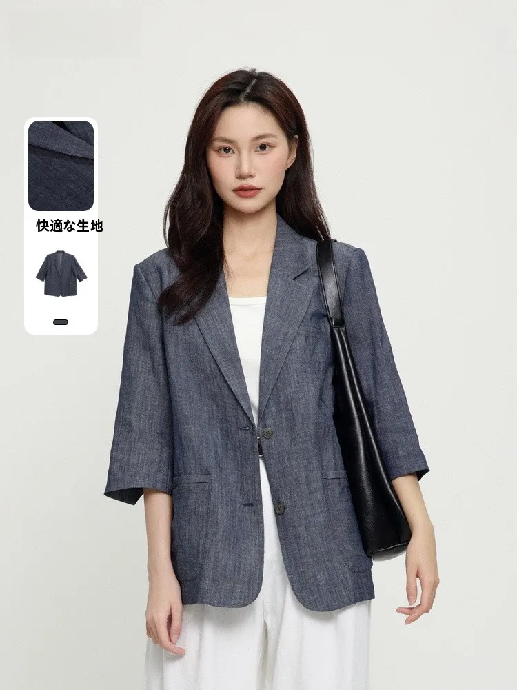 Faionable Loose Suit Jaet Women's Five-Quarter Sve Summer New Arrival Memory's Start 2025 Cotton Linen Viscose Blend