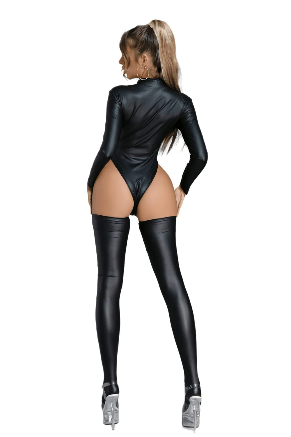 Black Wetlook PVC Latex Bodysuit Faux Leather Catsuit+Stocking Sexy Lingerie Catsuit Lady High Cut Jumpsuit Clubwear Overalls