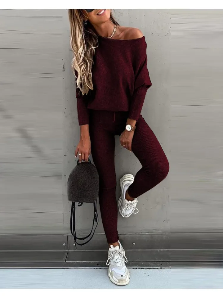 Fashion 2 Pieces Sets Women Solid Outfits Spring Autumn Sets Ladies Long sleeve Slash Neck Suits Streetwear Joggers Tracksuit