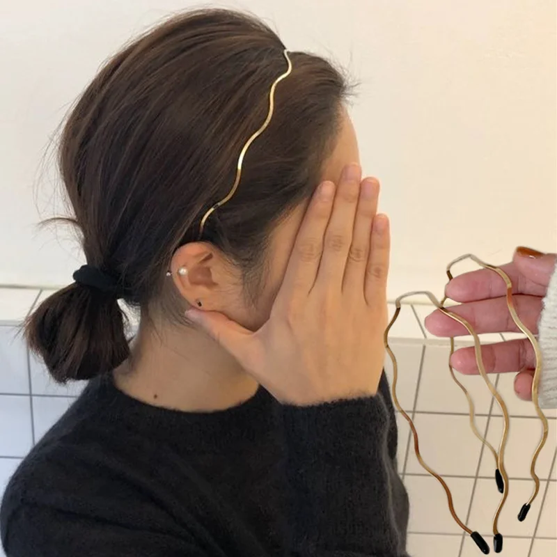 New Korean Style Gold Metal Wave Bending Hairbands for Women Simple Geometric Thin Headbands Elegant Headdress Hair Accessories