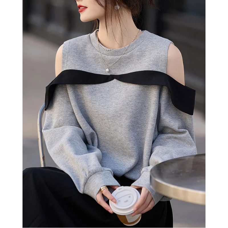 

Lazy Long-sleeved Gray Sweatshirt for Women's Spring and Autumn New Contrasting Color Spliced Design Loose Top