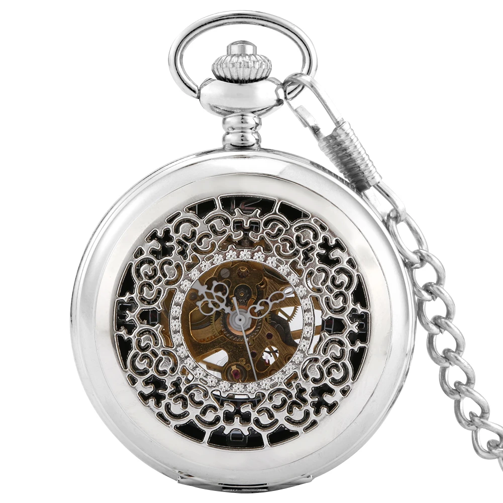 

Silver Hollow Out Mechanical Hand Winding Pocket Watch Men Arabic Numerals Dial Luxury Manual Pendant Pocket Clock Vintage Gift