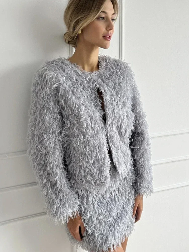 

CPSYMYM Autumn Winter Casual Lady 2 Pieces Set Tassel Coat Skirt Sets Women Long Sleeve V Neck Top Slim High Waist Skirts Suit