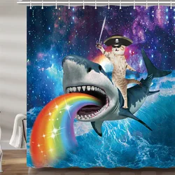 Funny Pirate Cat Shower Curtain Liner Cool Cat Riding Shark Whale In Universe Galaxy Hilarious Fabric Shower Curtain Waterproof