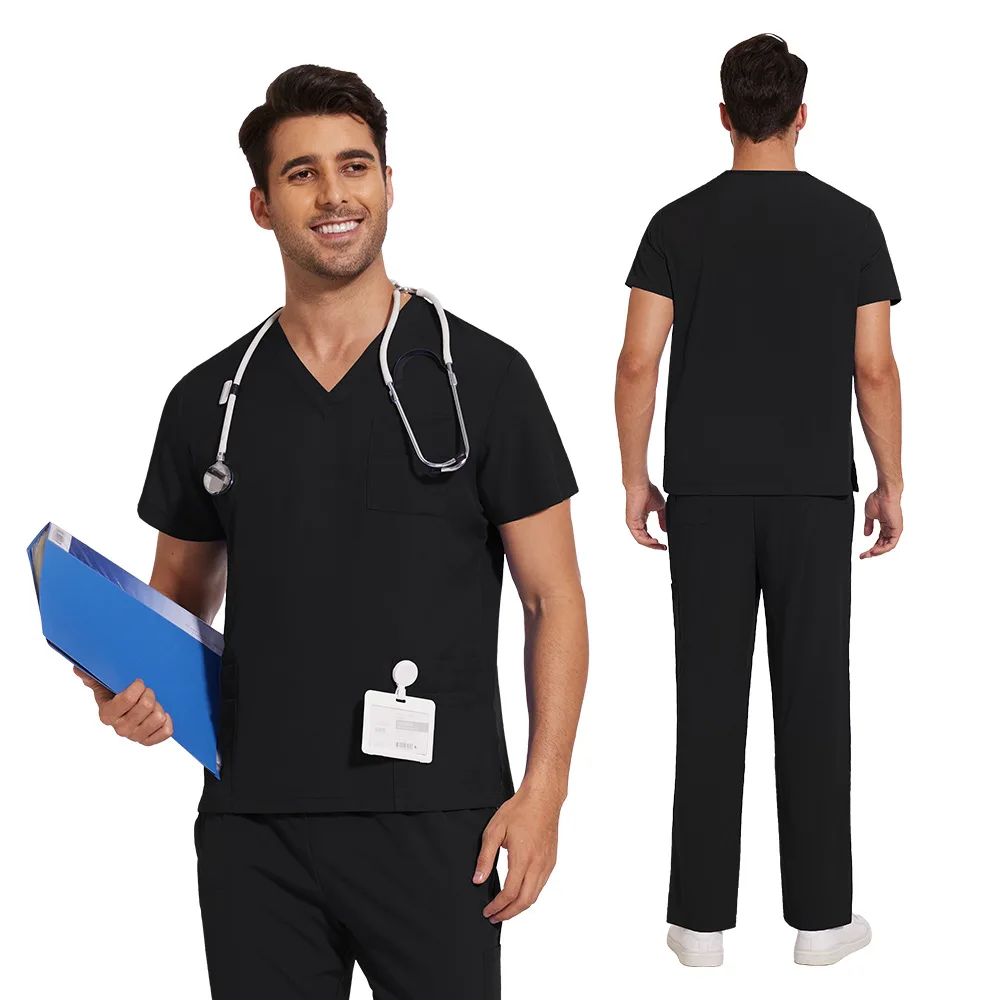 남성용 V넥 반팔 스크럽 간호사 스크럽 의료 수술복 세트 작업복 자수 가능 스크럽 슈트 맞춤 로고 포함