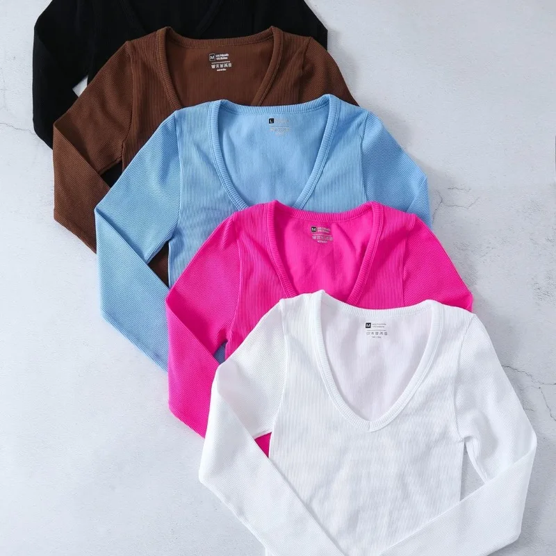 

V-neck threaded sportswear, sexy yoga long-sleeved top, short autumn and winter coat, high elasticity and tight