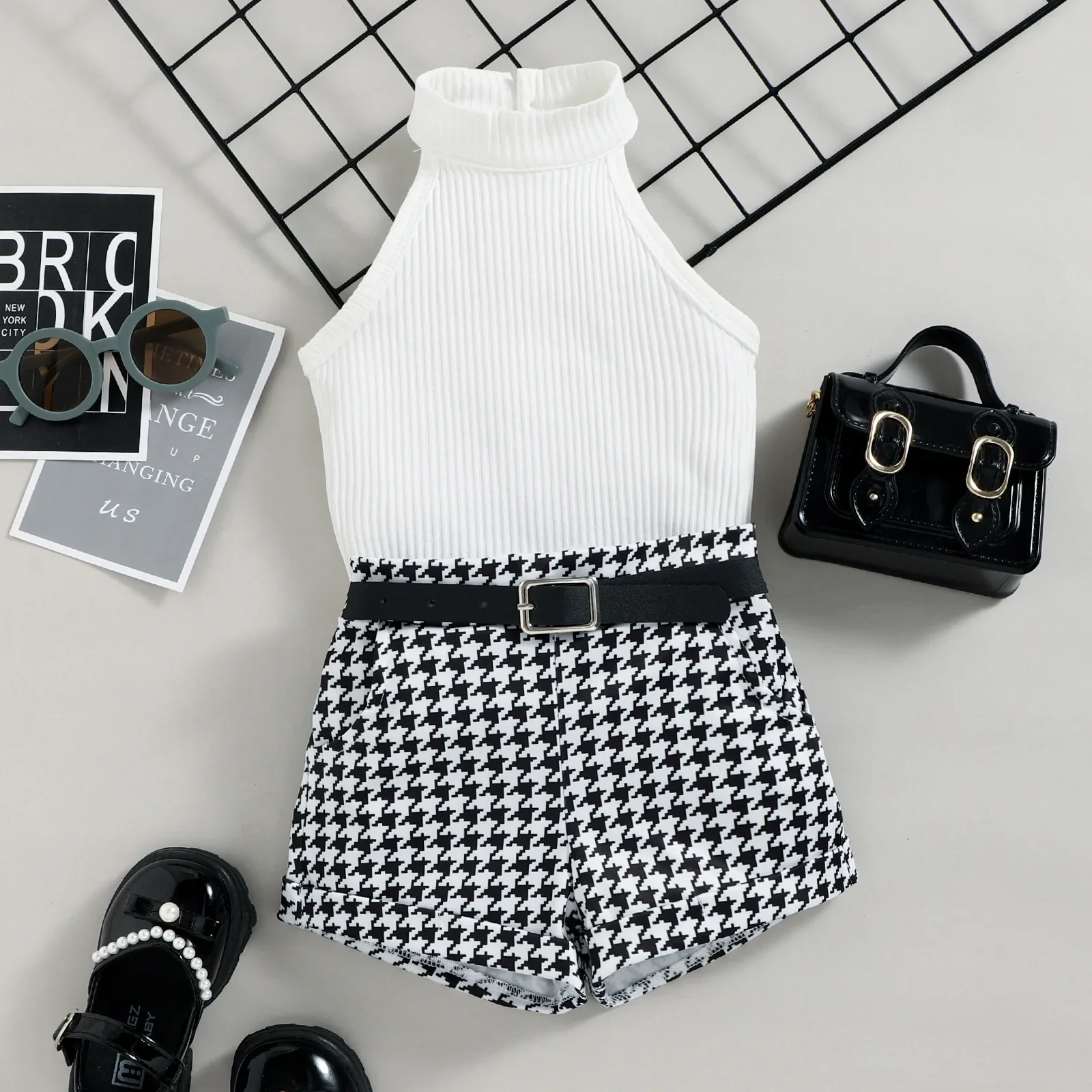 Set pakaian anak perempuan, setelan atasan Crop dan celana pendek Houndstooth musim panas keren untuk anak perempuan + sabuk kulit