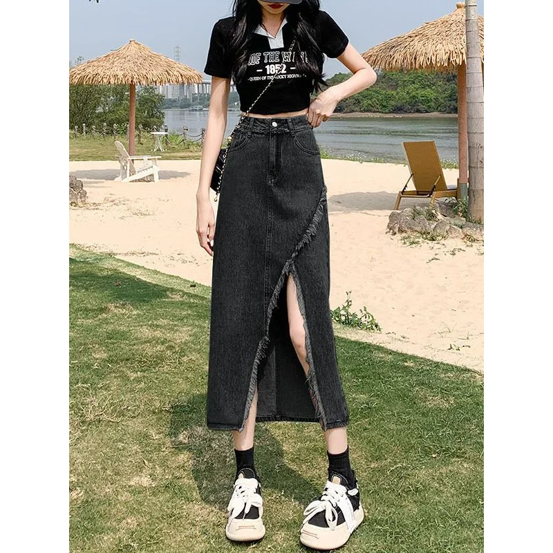 

Black and Gray High Waist Slimming Irregular Slit Skirt2025Summer Burr DesignAMid-Length Skirt