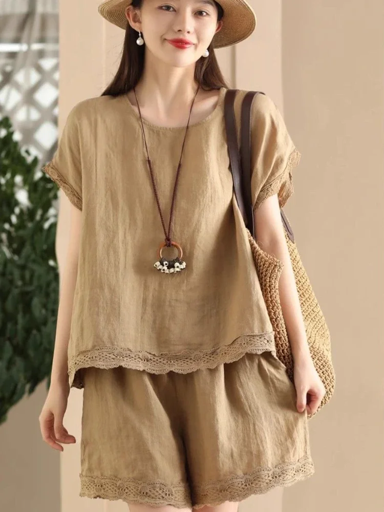 

Cotton Linen T Shirt Plain Khaki Short Sets for Women 2 Pieces Top and Bottom New Products Coordinated Full Casual Woman Shorts