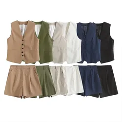 Zomerpak Dames 2023 Casual Europa En De Verenigde Staten Losse Wijde Korte Broek Grijs Pak Vest Tweedelige Set