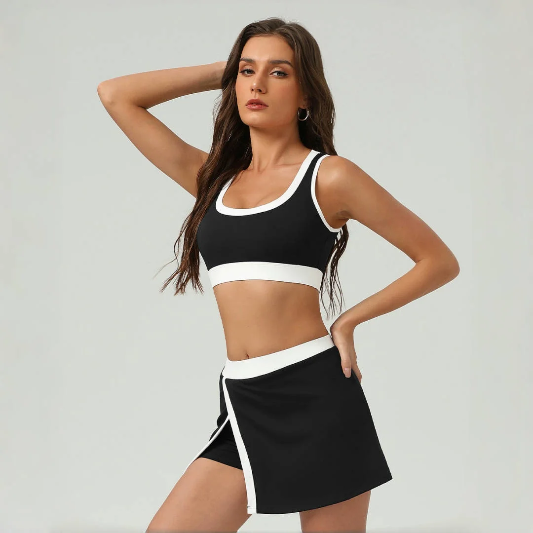 

Women's Sport Bra & Tennis Skirt Set - Color Block Quick-Dry Yoga Outfit, Anti-Slip Shorts Workout Activewear 2 Piece Sportswear