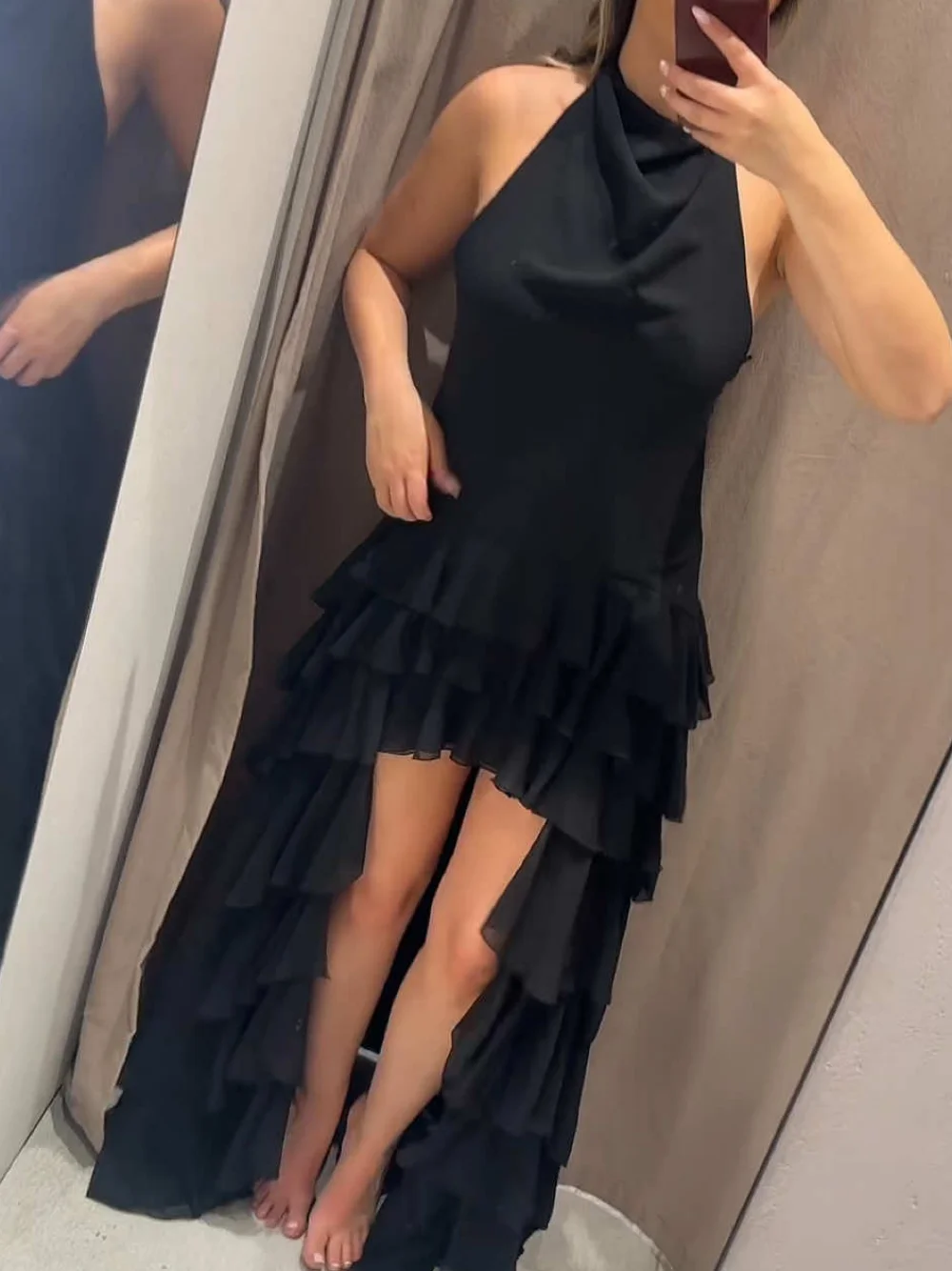 Moda feminina em camadas decoração halter pescoço lado zíper vestido temperamento sexy sem costas de comprimento médio sem mangas vestido de festa