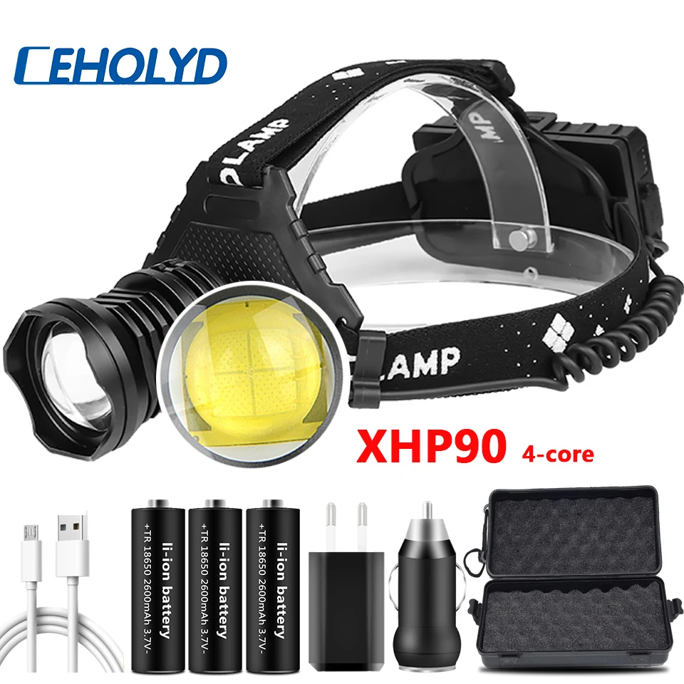 3800 люмен The most Brightest XHP90 LED Headlamp Powerbank Headlight Zoomable Flashlight Lamp for Camping 18650 battery 2600 mAh