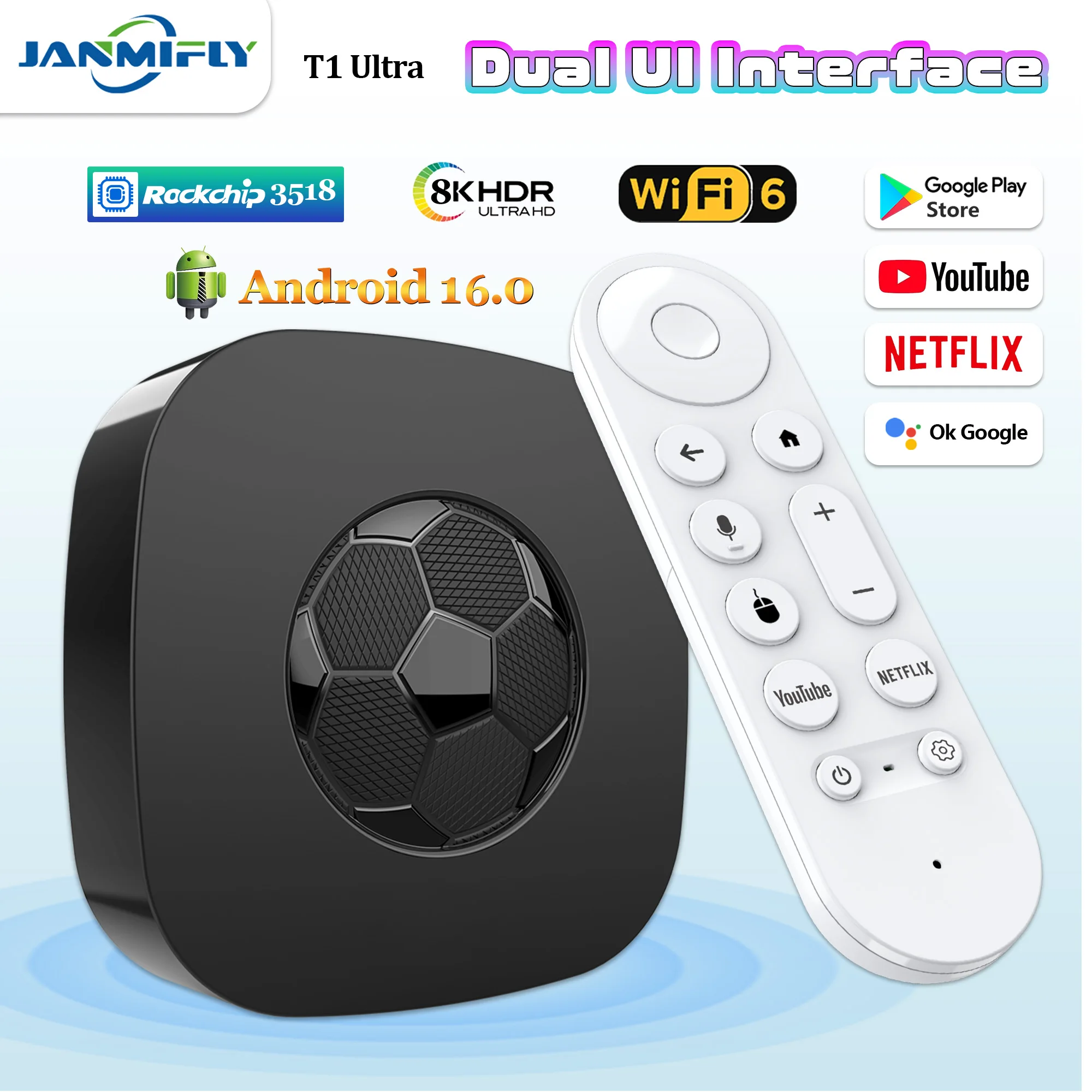 

Новинка 2025 года T1 Ultra Smart TV Box Android16 Rockchip RK3518 8G128 ГБ двухдиапазонный Wi-Fi 6 Bluetooth5.2 Google Voice Remote Media плеер