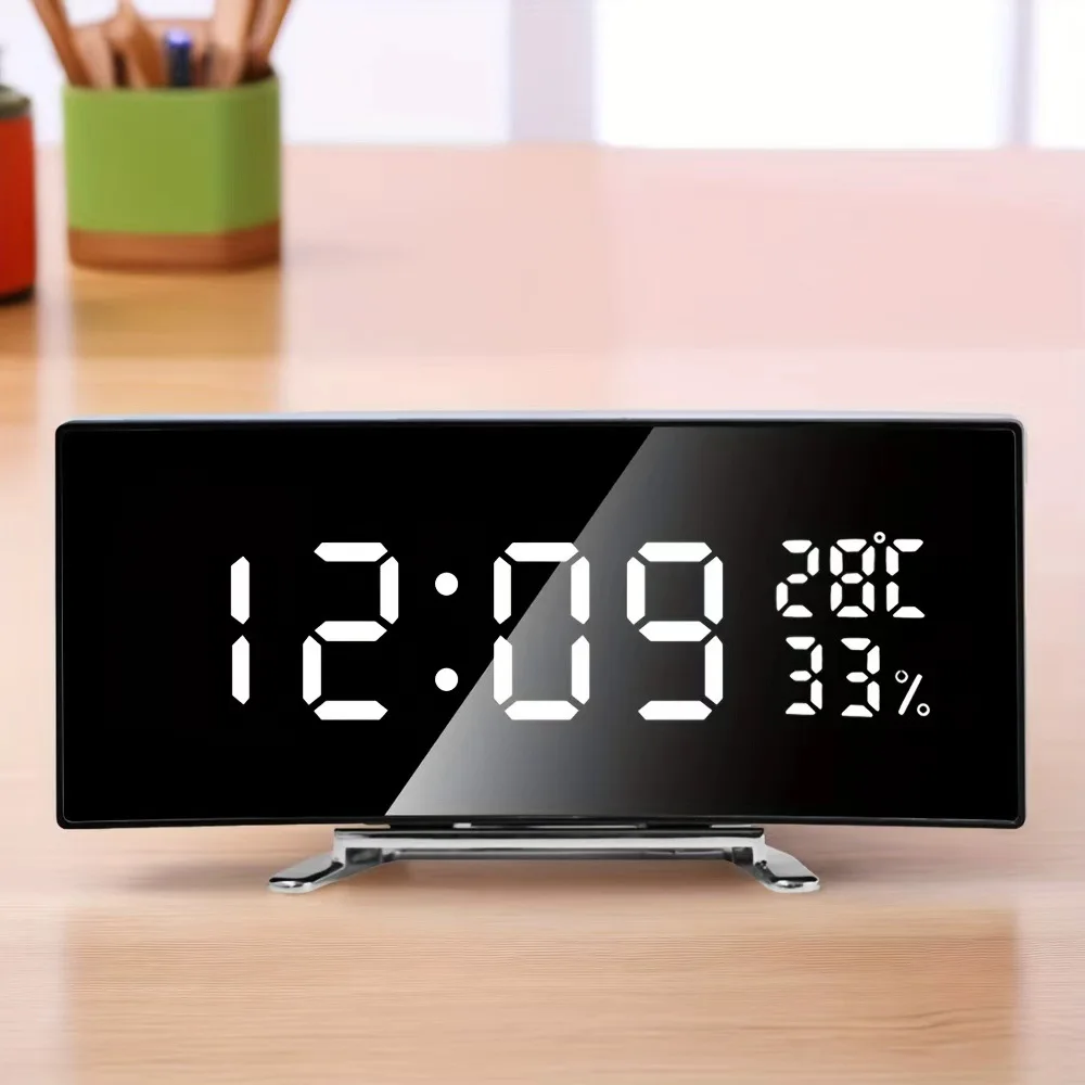 Curved Screen Digital Alarm Clock Temperature Date 2 Levels Brightness Adjustment Snooze Table Clock 12/24H Night Mode LED Clock