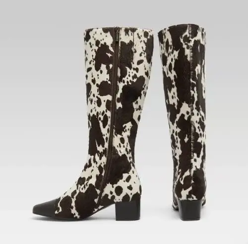 

Autumn Brown White Cow Print Cashmere Horse Fur Round Toe Patchwork Knee High Boots Women Med Square Heel Zipper Side Long Boots