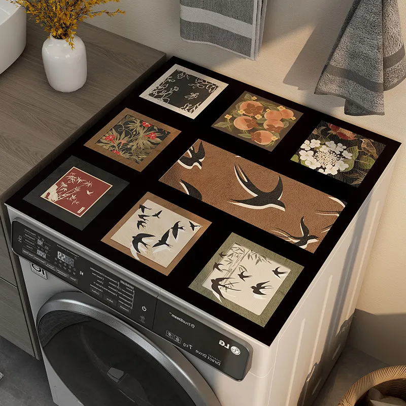 VIKAMA New Chinese-Style Floral Collage Washing Machine Cover Pad, Dirt-Resistant Drum Washing Machine Dust Pad