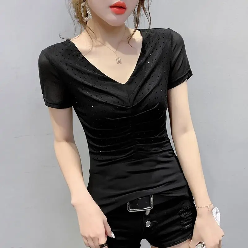 

Summer New Slim Net Yarn Pleated T Shirts Short Sleeve V Neck Solid All-match Sexy Tops Tees Fashion Temperament Women Clothing