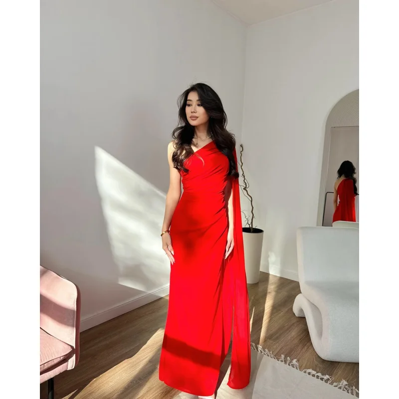 Indie Fashion One Shoulder Prom Gown Women Red Pleated Party Evening Dress Floor Length Mermaid customized Formal Occasion Gowns