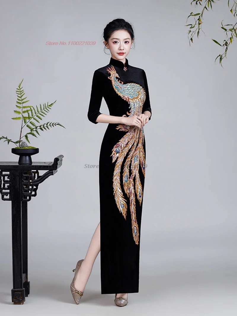 2026 chinese improved cheongsam traditional qipao dress national phoenix sequin velvet qipao retro banquet evening dress qipao