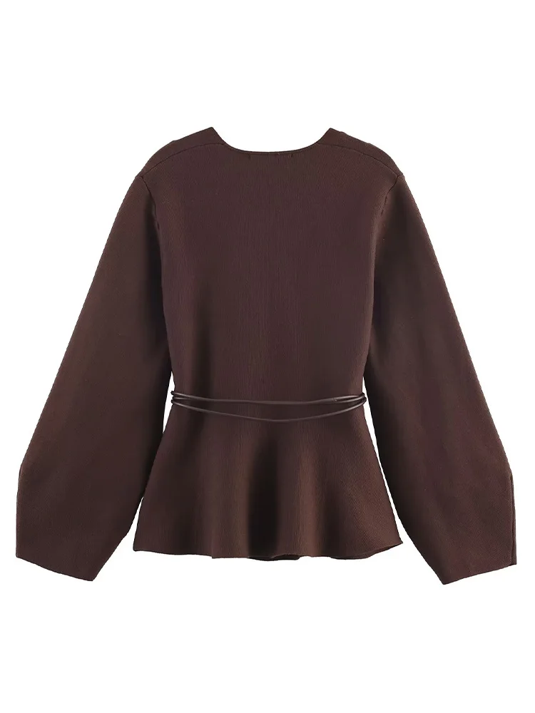 HH otoño mujer moda cinturón decoración chaqueta Tops mujer Casual manga larga cuello pico sólido alto calle tejido Cardigan moda