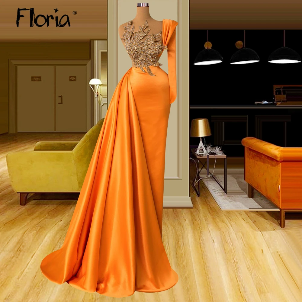 Newest Aso Ebi Orange Party Dress One Long Sleeve Formal Prom Gowns 2024  Engagement Party Dress Wedding Evening Night Dress