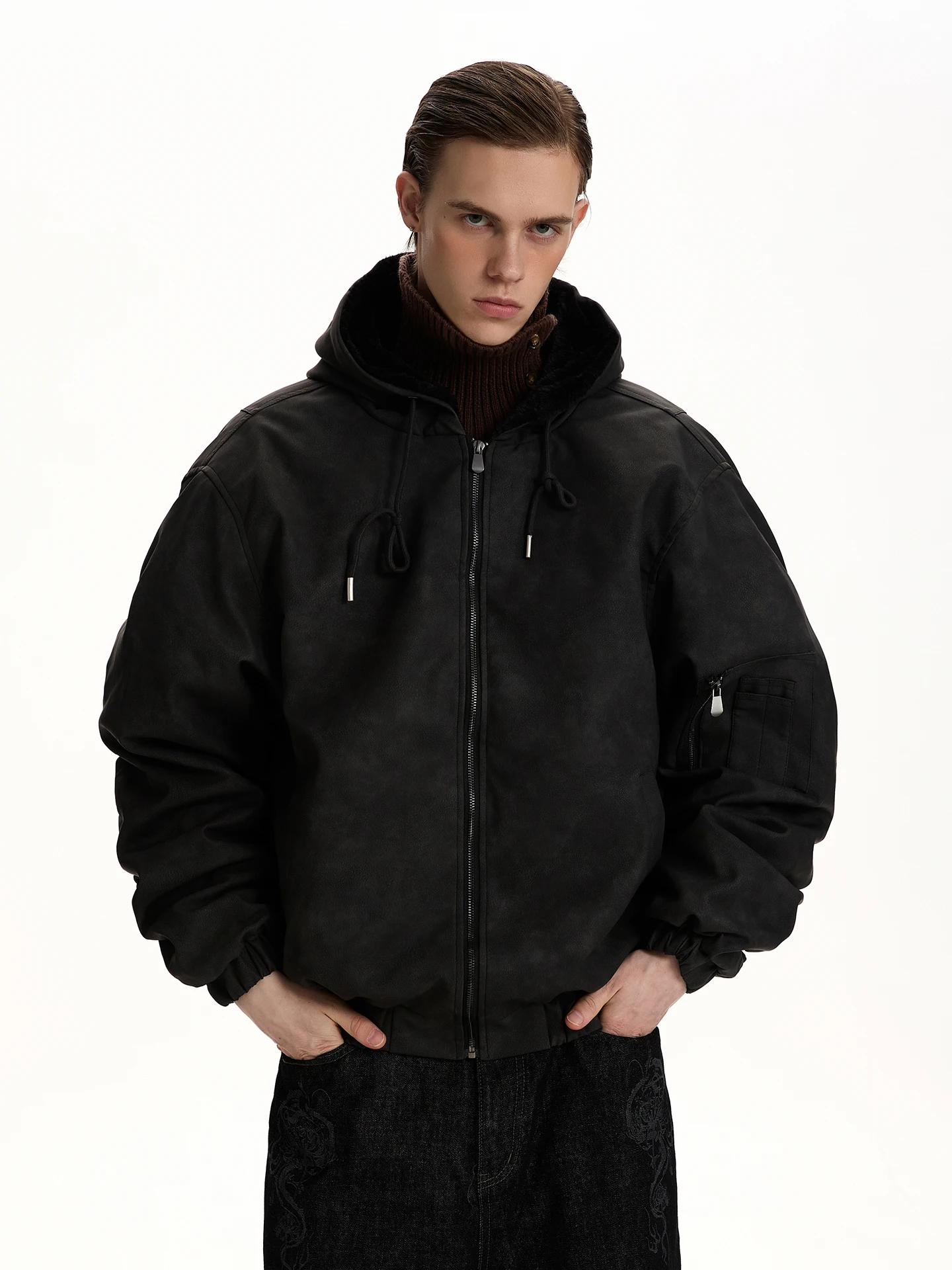 

American Retro Bomber Jaet Thiened Warm Pilot Coat Workwear Jaet Hooded PU Leather Cotton Blend Youth Faion Autumn Wi...