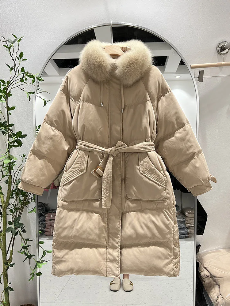 

Winter Women Long Jacket Large Natural Fox Fur Collar Hooded Parka 90% White Duck Down Coat Thickness Snow Warm Outwear