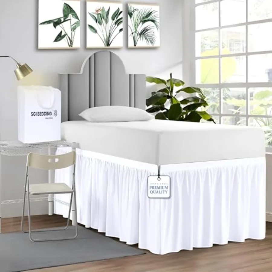 

Юбка для кровати в общежитии Twin XL, длина 32 дюйма - белая, с рюшами, для студенческих комнат, с разрезами по углам, легкий уход, не мнется