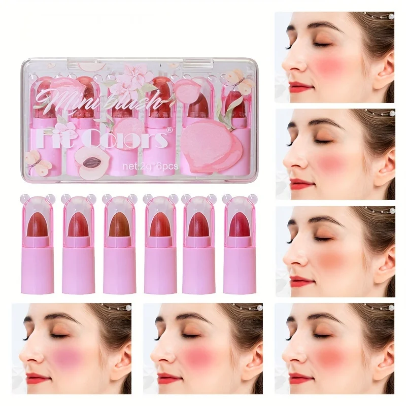 6 olors Mini Blush Stick Three-Dimensional Highlighting Base Moisturizing Blush Set Peach Fruit Cream Pink Pen Cosmetic