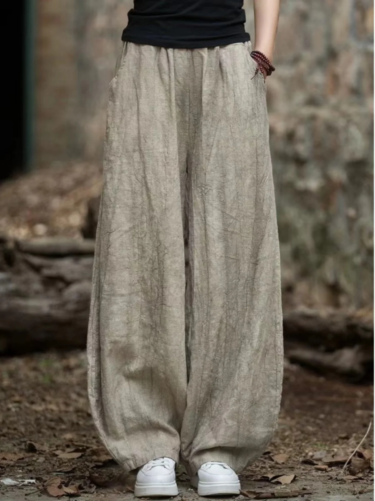 

Ретро Sle, окрашенные вручную широкие брюки-фонарики с высокой талией, женские повседневные художественные хлопковые льняные длинные брюки для больших размеров