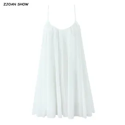 2025 BOHO Women White Big Backless Sling Dress O neck Back Zipper Loose Swing Mini Short Dresses Holiday Robe