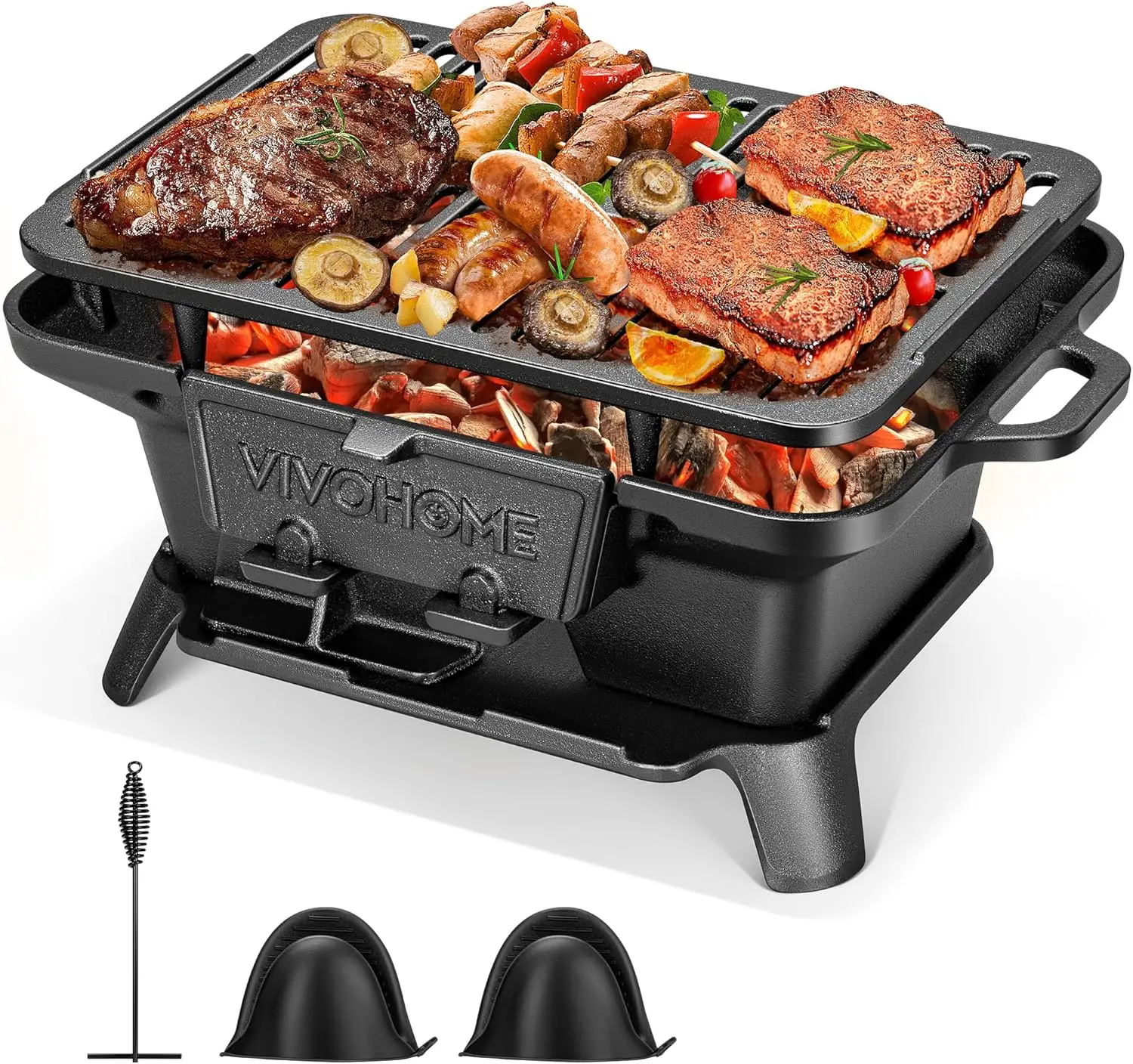 

Rectangle Cast Iron Charcoal Grill with Double-Sided Grate, Portable Outdoor BBQ Grill, Compact Tabletop Grill Stove (N