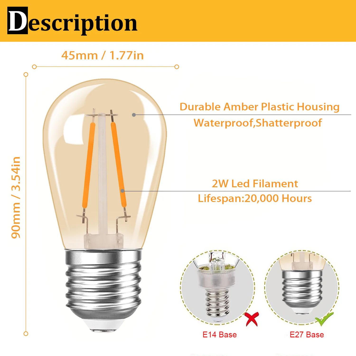 GenFête green-Ampoules LED en plastique S14, 2W, Ambre, incassable, 110V, 220V, Dimmable, Guirxiété lumineuse, Ampoule de rechange