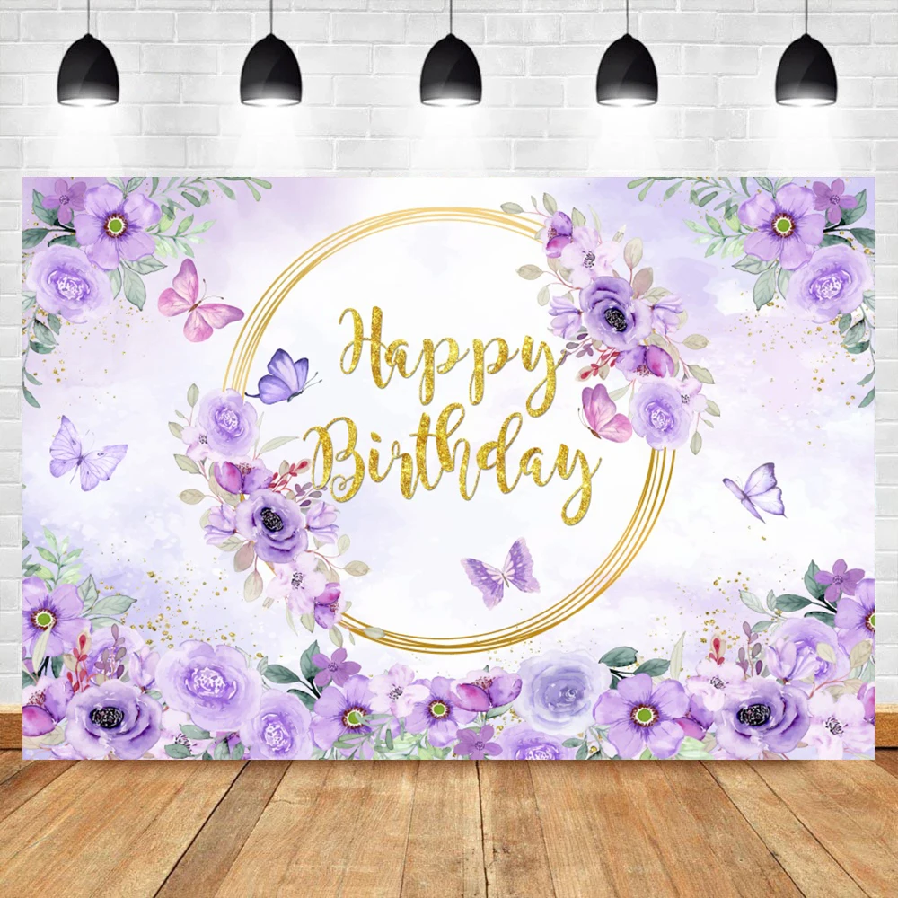 Beautiful Butterfly Flowers Photography Backdrop Sweet Baby Girl Happy Birthday Baby Shower Golden Dots Decor Backgrounds Banner