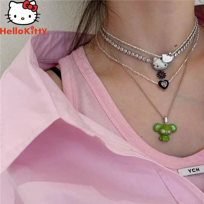 Hello Kitty Sanrio Kawaii Cartoon Cute Love Necklace Double Layers Collarbone Chain Anime Plush Toys for Girls Birthday Gift