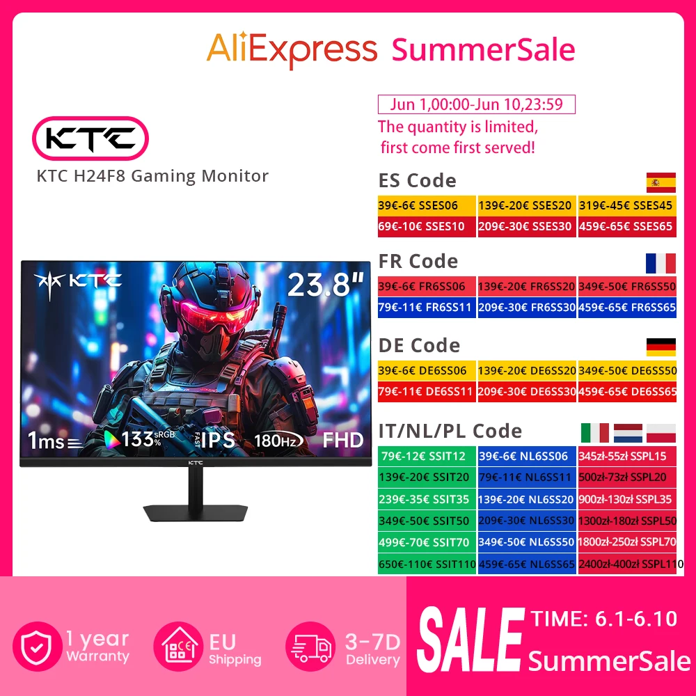 Moniteur de jeu KTC H24F8, écran IPS rapide 23,8 pouces 1920x1080 16:9, temps de réponse 180Hz 1ms, rapport de contraste 1000:1, support HDR10 VESA