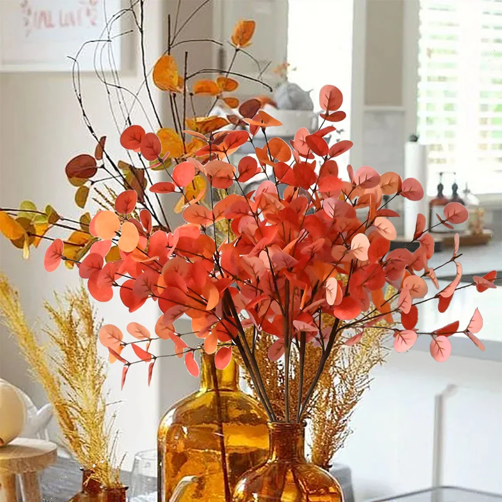 5Pcs Autumn Orange Eucalyptus Leaves Artificial Plants Bouquet ForThanksgiving Branches DIY Party Wedding Home Decortion