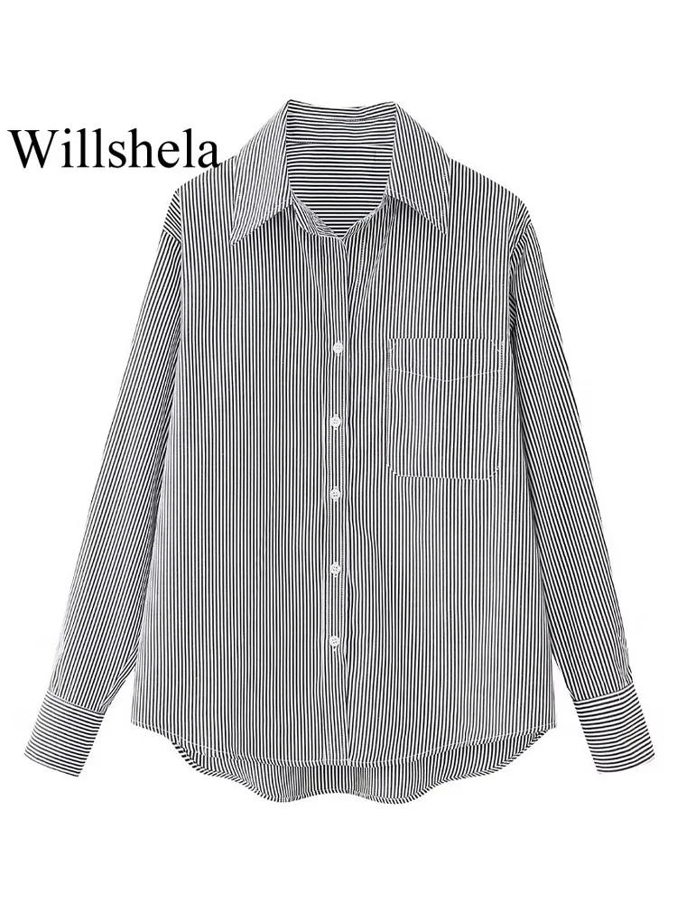 Willshela Women Fashion With Pocket Striped Single Breasted Blouse Vintage Lapel Neck Long Sleeves Female Chic Lady Shirts