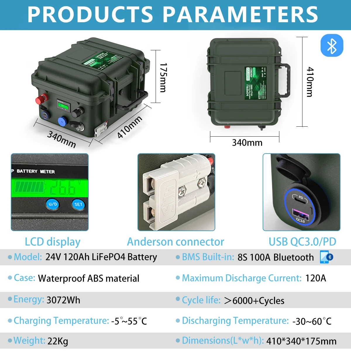 Imagem -02 - Bloco da Bateria do Lifepo4-lithium 24v 100ah 120ah 150ah 25.6v 6000 Mais Cycles com Bluetooth Bms Grande a Cell para o Barco rv Nenhum Imposto