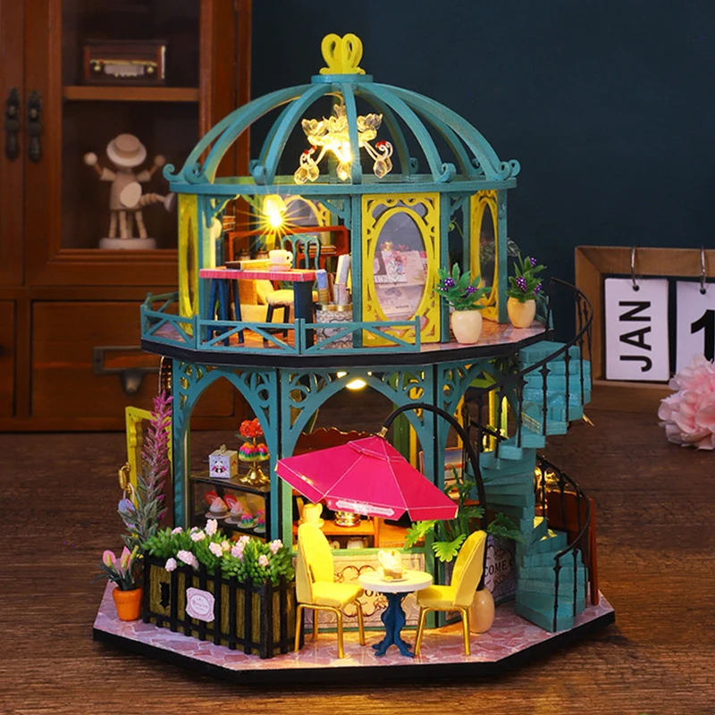 DIY Wooden Doll Houses Romantic Coffee Store Casa Miniature Building Kits with Furniture Led Lights Dollhouse for Adults Gifts