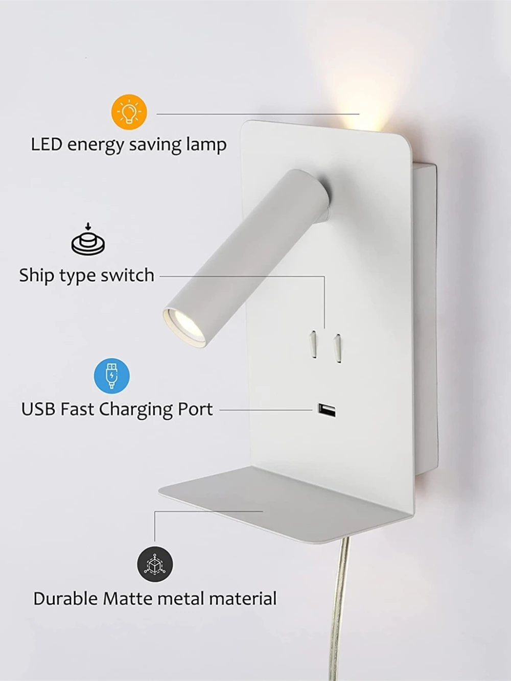 Imagem -04 - Aperitivo de Parede com Interruptor Lâmpada de Cabeceira Led Quarto Montagem na Superfície Luz de Leitura Flexível 5v 2a Porta Usb Prateleira para Telefone