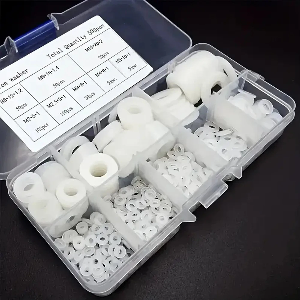 250/500pcs/1 Set Nylon Washer Flat Assortment Set with 8-size Safety Plates M2 M2.5 M3 M4 M5 M6 M8 M10 Nylon Sealing Washers