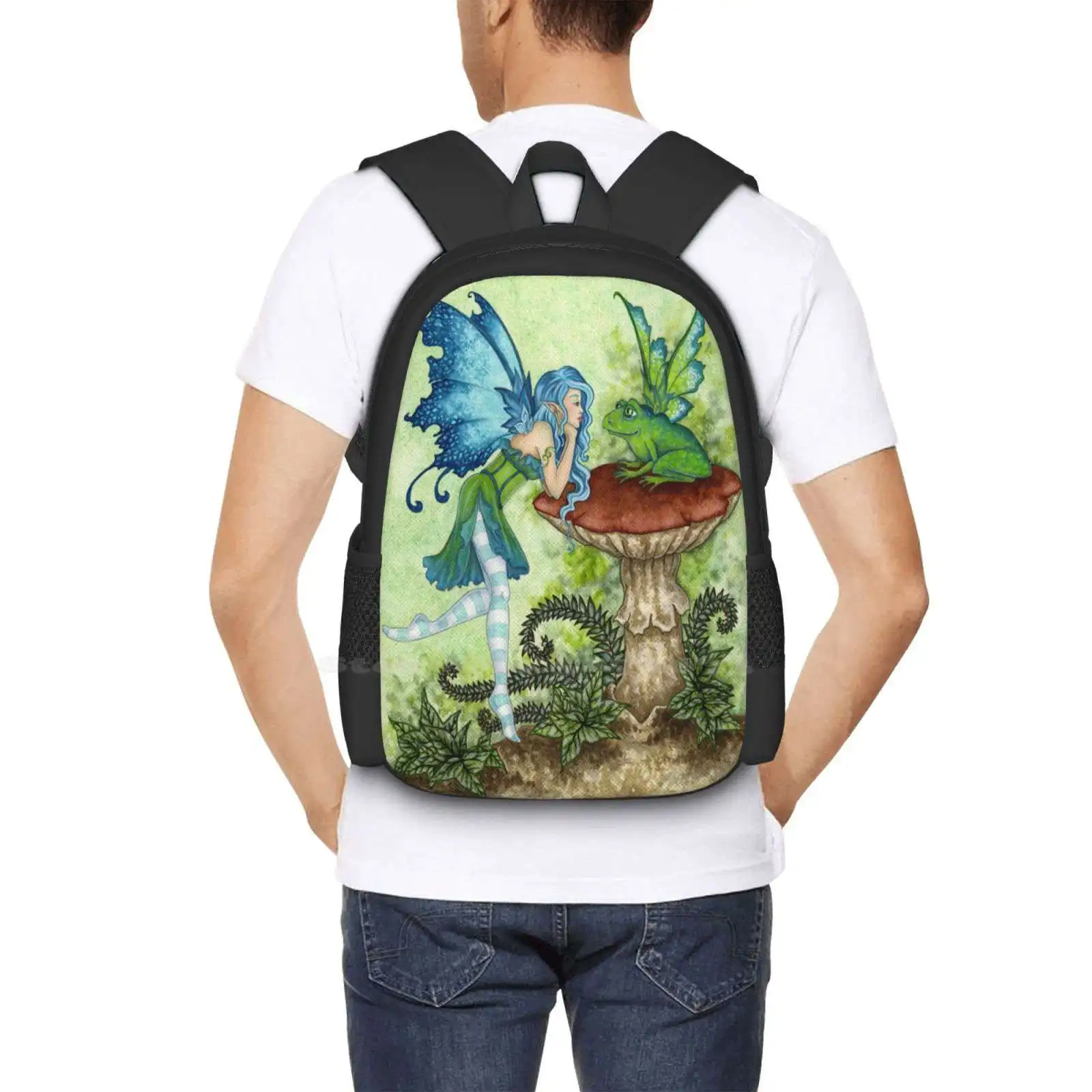 Frog Gossip-mochila escolar de gran capacidad para ordenador portátil, bolsas de fantasía, cuento de hadas, Rana, seta, Amy, Toadstool marrón, azul y verde