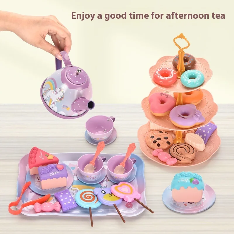 42pcs Tea Party Set For Little Girls Kitchen Pretend Play Tea Time Toys With Dessert Cookies Doughnut Teapot Princess Girls Gift