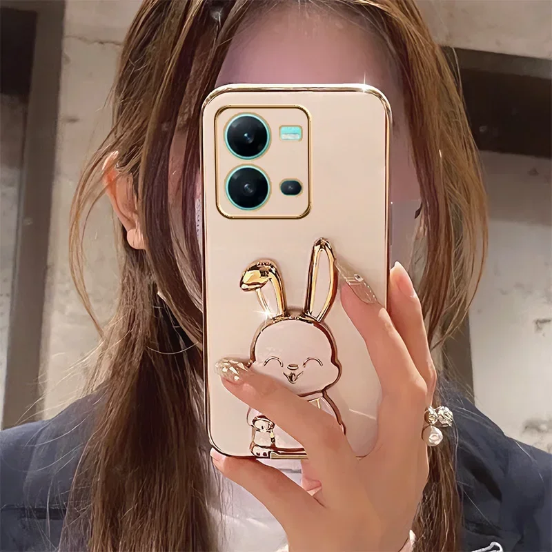 Rabbit Astronaut Phone Case For Vivo V21 5G V20 V21E V23 V23E V25 For Vivo Y76 Y77 Y52 Y55 Y73 Y72 Y76S Telescopic Bracket Cover